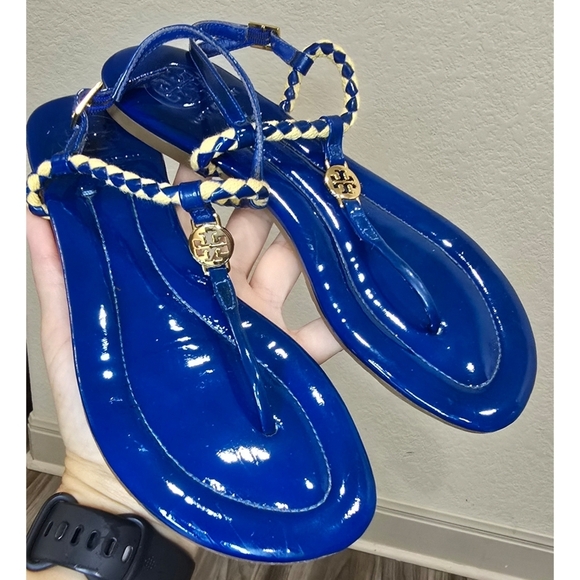 Tory Burch Aine Royal Blue Patent Leather T-Strap Sandals Size 6.5 - Picture 1 of 16